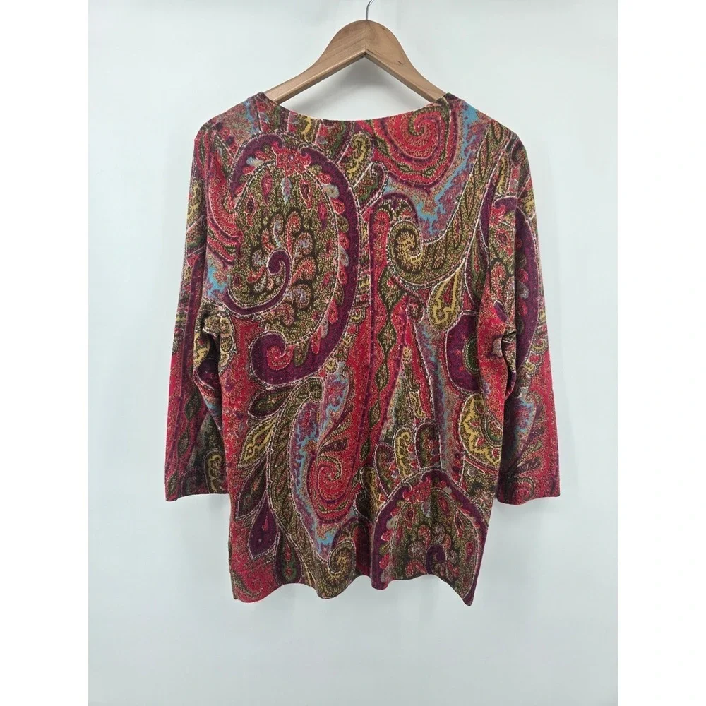 Talbots Sweater Womens 1X Multicolor Paisley Pure Merino Wool 3/4 Sleeve Scoop